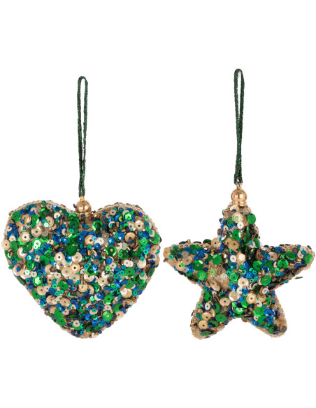 Suspension de Noël Coeur & Étoile en Plastique Vert Doré Avec sequins (Lot de 2) - 1