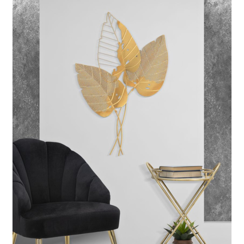 Grande Déco murale moderne 3 Feuilles 53x84 en Métal Doré Autumn 