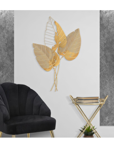 Grande Déco murale moderne 3 Feuilles 53x84 en Métal Doré Autumn 