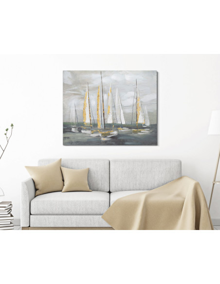 Toile murale peinte Voiliers Gris Vert Doré 100x80 Boatio 
