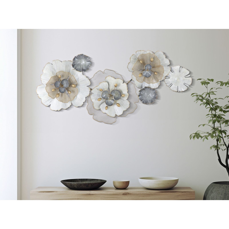 Grande Déco murale moderne Fleurs 119x60 en Métal Argenté Doré Blanc Rorvin 