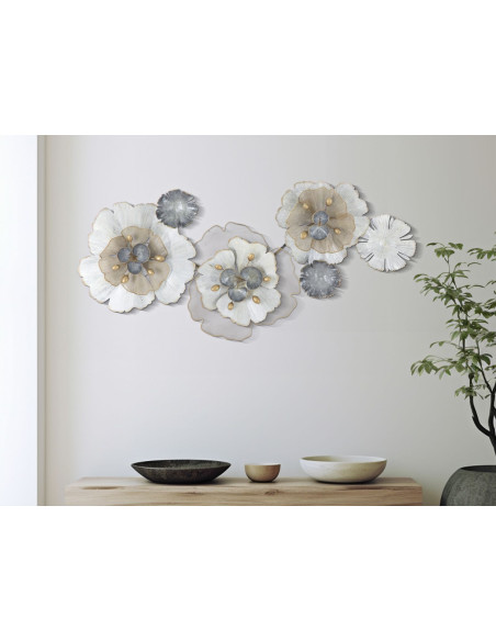 Grande Déco murale moderne Fleurs 119x60 en Métal Argenté Doré Blanc Rorvin 