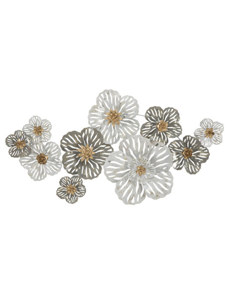 Grande Déco murale Bohème Fleurs 140x74 en Métal Blanc Gris Doré Lerin 
