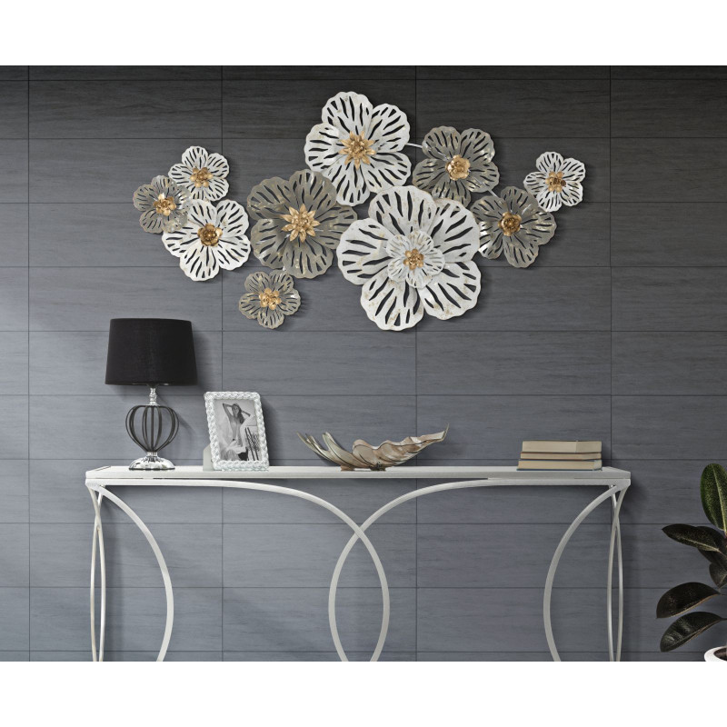 Grande Déco murale Bohème Fleurs 140x74 en Métal Blanc Gris Doré Lerin 