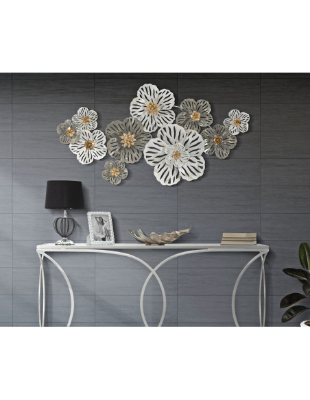 Grande Déco murale Bohème Fleurs 140x74 en Métal Blanc Gris Doré Lerin 