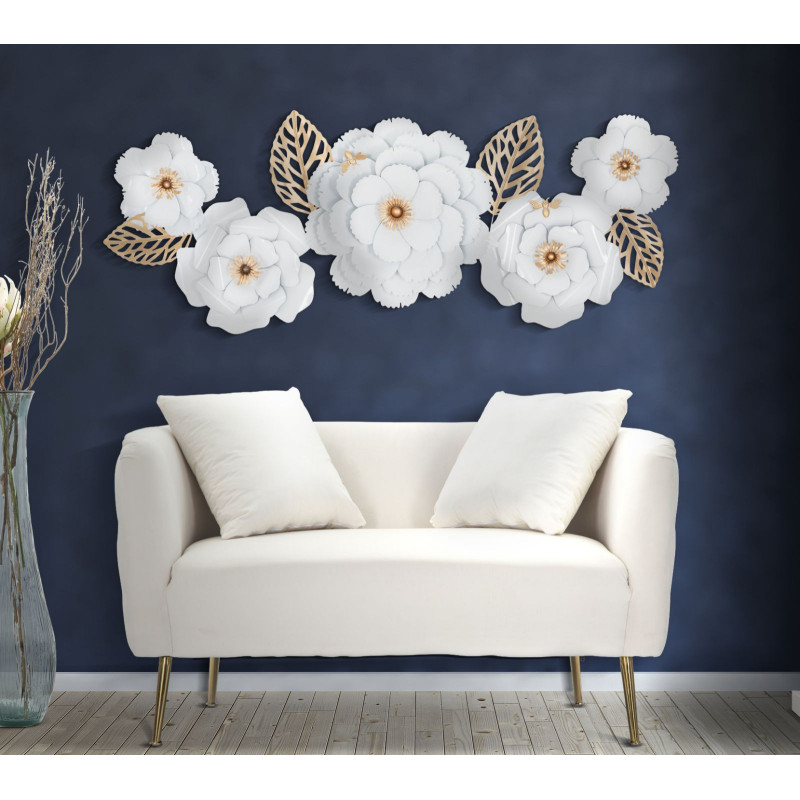 Grande Déco murale Bohème Fleurs et Feuilles 158x60 en Métal Blanc Doré Rolen 