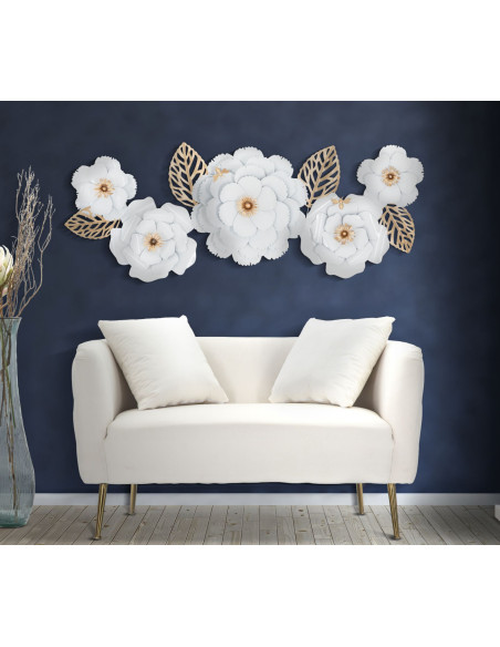 Grande Déco murale Bohème Fleurs et Feuilles 158x60 en Métal Blanc Doré Rolen 
