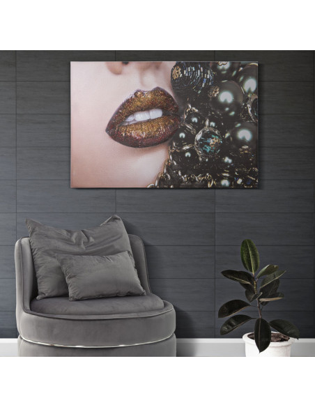 Toile murale imprimée Lèvres Noir Beige Doré 120x80 Beautiful Lips 