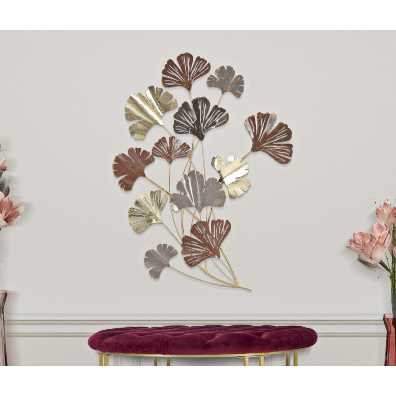 Déco murale moderne Feuilles 69x92 en Métal Doré Marron Gris Windy 