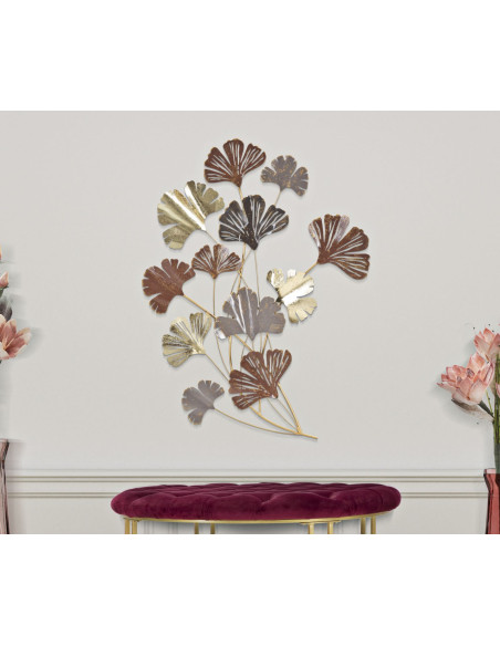 Déco murale moderne Feuilles 69x92 en Métal Doré Marron Gris Windy 