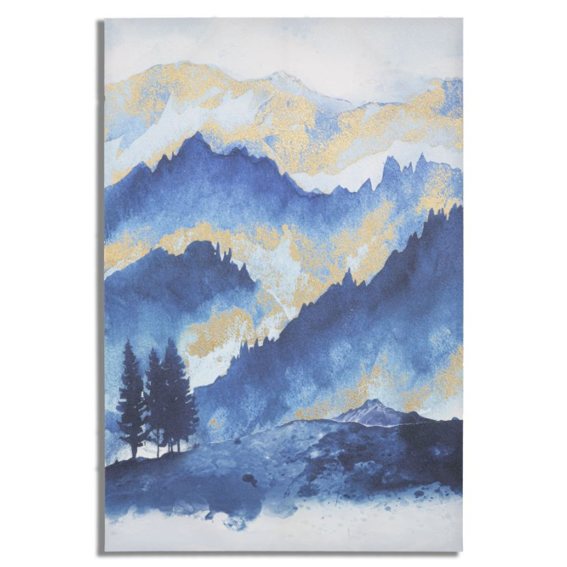 Toile murale imprimée et peinte Arbres et Montagnes Bleu Blanc Doré 80x120 Mountain  