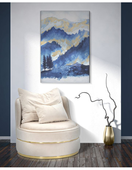 Toile murale imprimée et peinte Arbres et Montagnes Bleu Blanc Doré 80x120 Mountain  