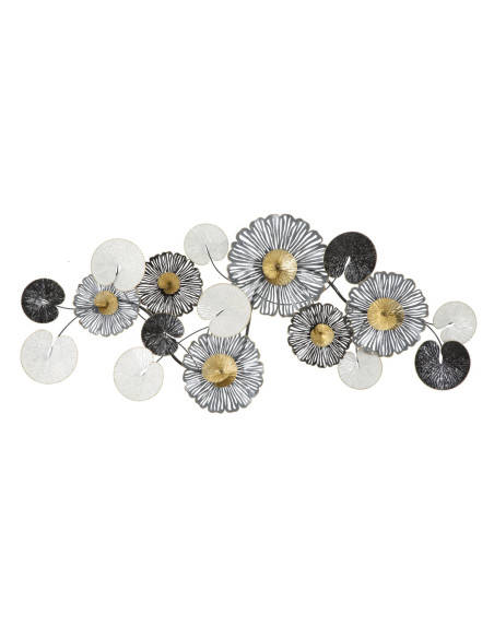 Grande Déco murale moderne Fleurs 143x64 en Métal Noir Doré Blanc Troby 