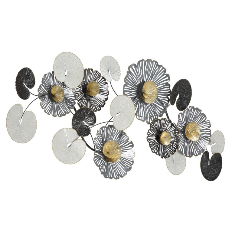 Grande Déco murale moderne Fleurs 143x64 en Métal Noir Doré Blanc Troby 