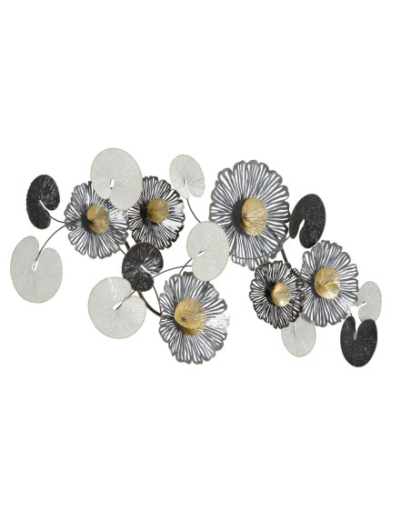 Grande Déco murale moderne Fleurs 143x64 en Métal Noir Doré Blanc Troby 