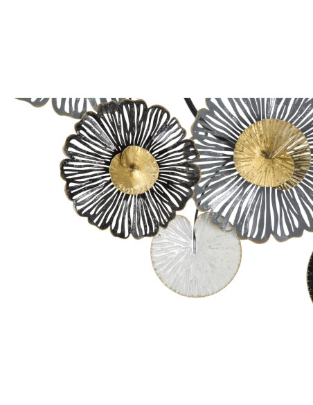 Grande Déco murale moderne Fleurs 143x64 en Métal Noir Doré Blanc Troby 