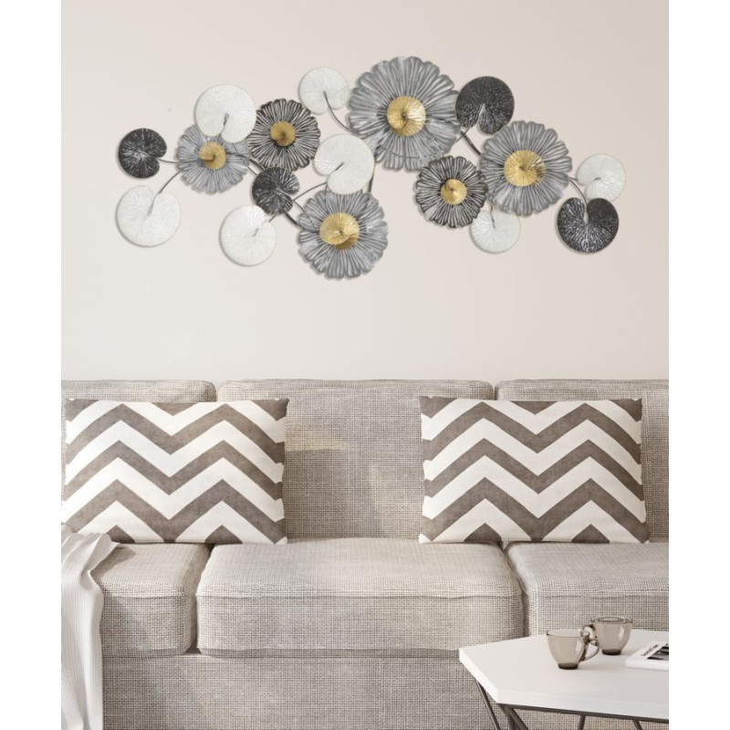 Grande Déco murale moderne Fleurs 143x64 en Métal Noir Doré Blanc Troby 