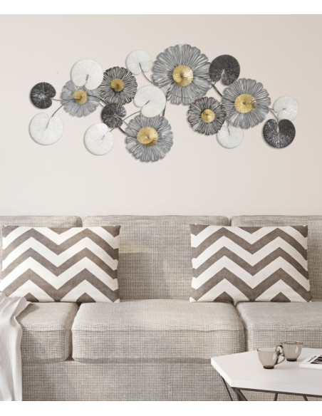 Grande Déco murale moderne Fleurs 143x64 en Métal Noir Doré Blanc Troby 