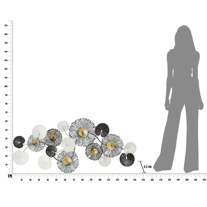 Grande Déco murale moderne Fleurs 143x64 en Métal Noir Doré Blanc Troby 