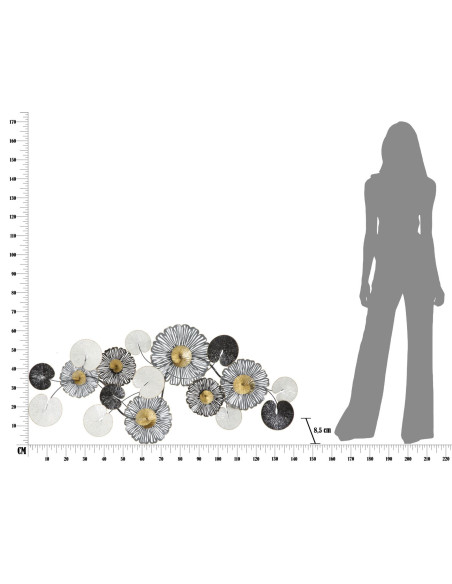 Grande Déco murale moderne Fleurs 143x64 en Métal Noir Doré Blanc Troby 