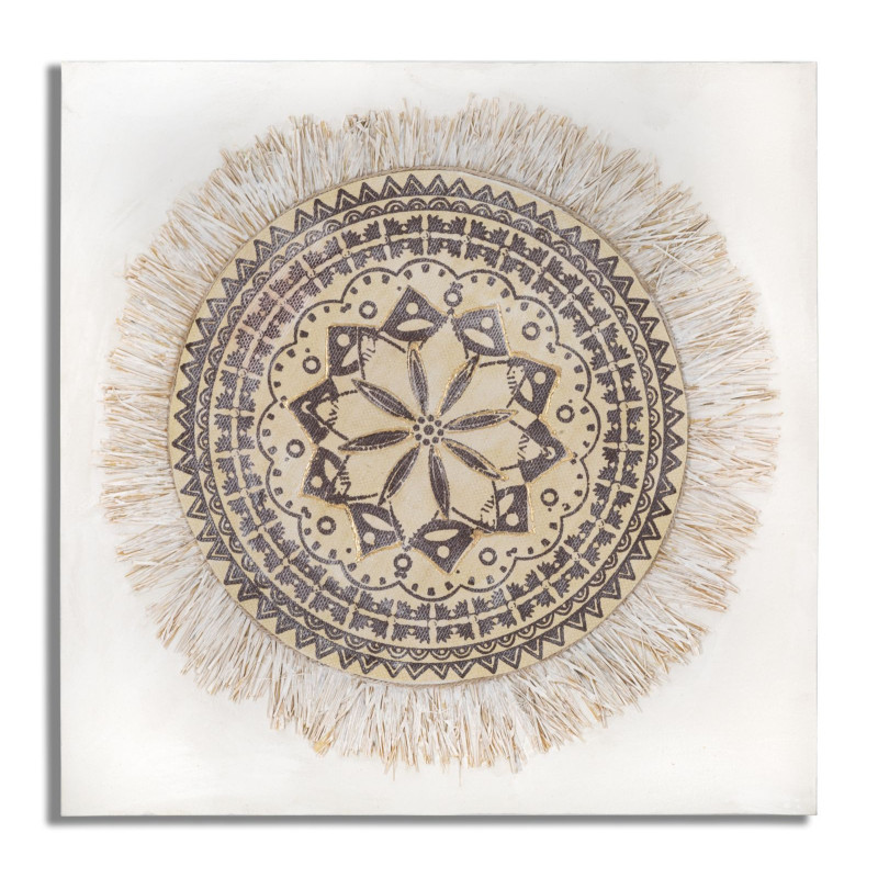 Toile murale imprimée et peinte Motif Bohème chic Beige Marron Blanc crème 100x100 Malindi 