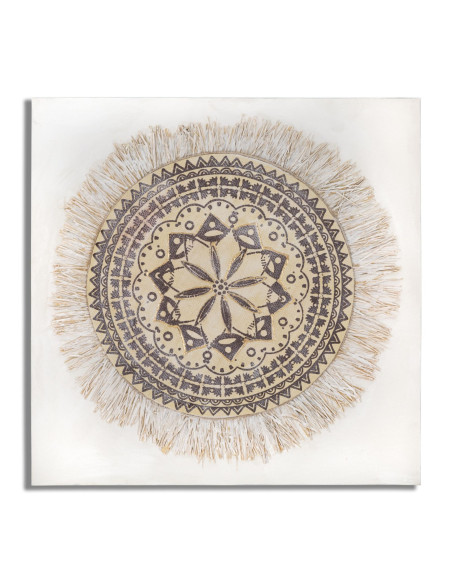 Toile murale imprimée et peinte Motif Bohème chic Beige Marron Blanc crème 100x100 Malindi 