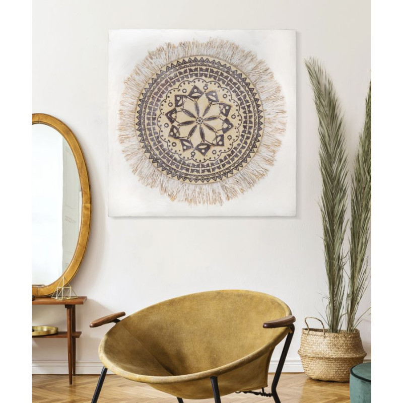Toile murale imprimée et peinte Motif Bohème chic Beige Marron Blanc crème 100x100 Malindi 