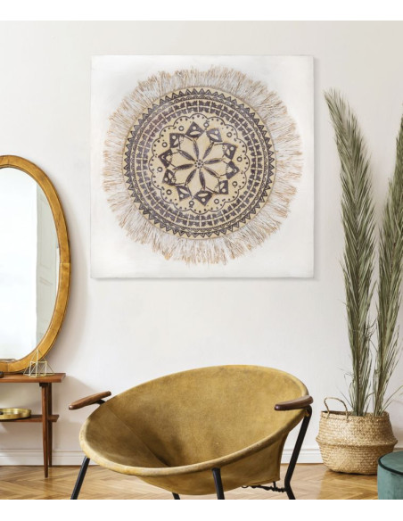 Toile murale imprimée et peinte Motif Bohème chic Beige Marron Blanc crème 100x100 Malindi 