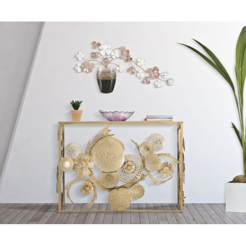 Déco murale originale Vase avec Fleurs 87x46 en Métal Marron Blanc Rose Kyran 