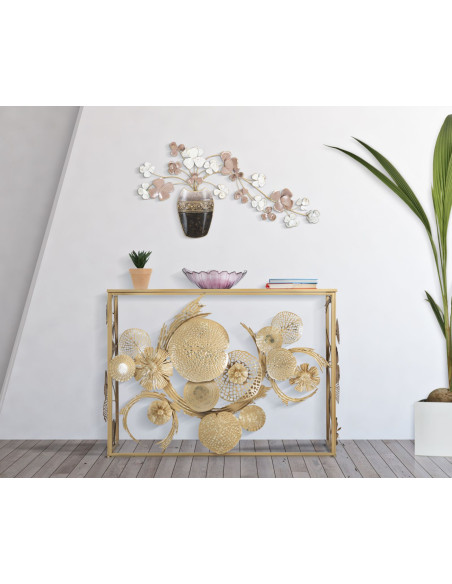 Déco murale originale Vase avec Fleurs 87x46 en Métal Marron Blanc Rose Kyran 