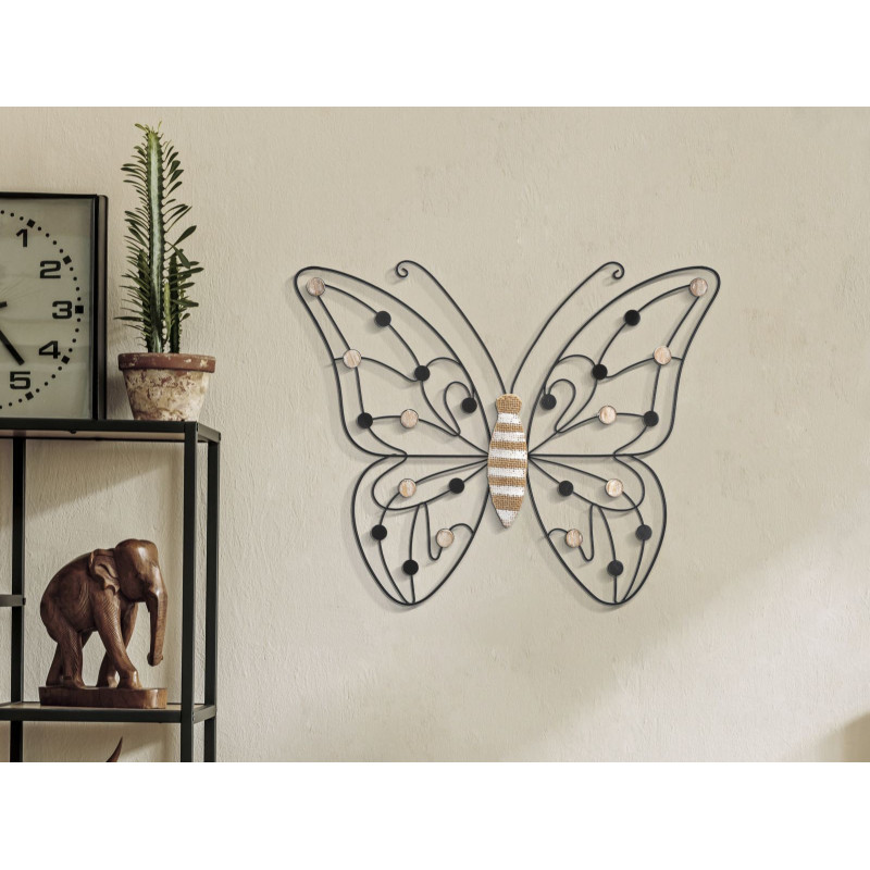 Déco murale originale Papillon 39x33 en Métal Noir Bois Naturel Blanc Butterfly 