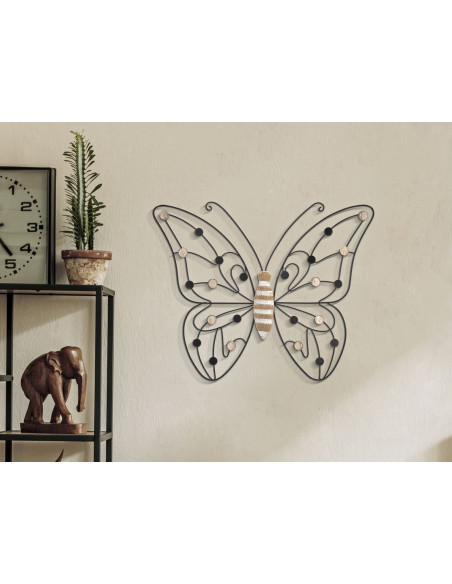Déco murale originale Papillon 39x33 en Métal Noir Bois Naturel Blanc Butterfly 