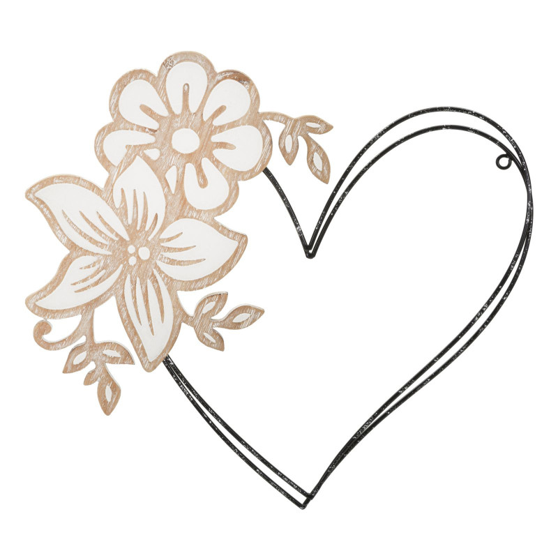 Déco murale moderne Coeur et Fleur 50x45 en Métal Noir Bois Blanc Naturel Selin 