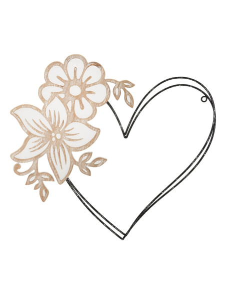 Déco murale moderne Coeur et Fleur 50x45 en Métal Noir Bois Blanc Naturel Selin 