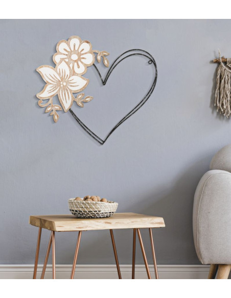 Déco murale moderne Coeur et Fleur 50x45 en Métal Noir Bois Blanc Naturel Selin 