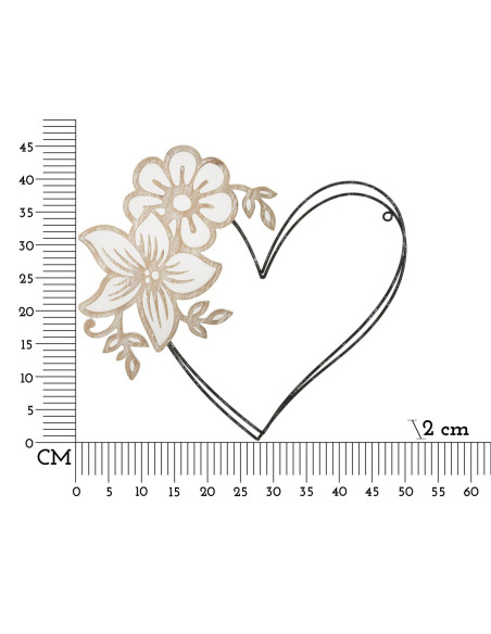 Déco murale moderne Coeur et Fleur 50x45 en Métal Noir Bois Blanc Naturel Selin 