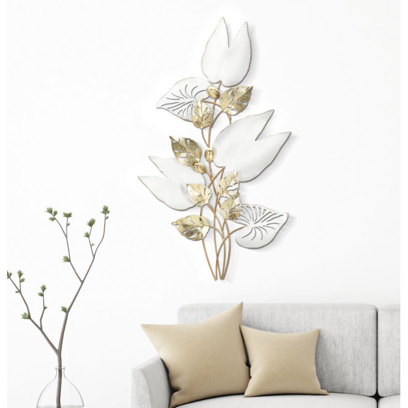 Grande Déco murale Bouquet de feuilles 52x90 en Métal Blanc Doré Pitch 