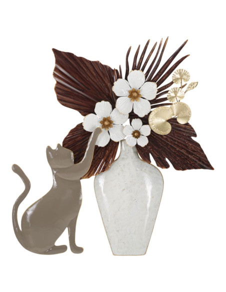 Déco murale originale Chat avec vase 54x59 en Métal Beige Blanc Marron Rylon 