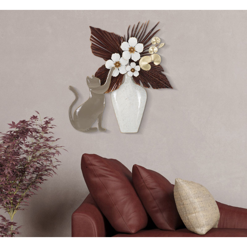 Déco murale originale Chat avec vase 54x59 en Métal Beige Blanc Marron Rylon 