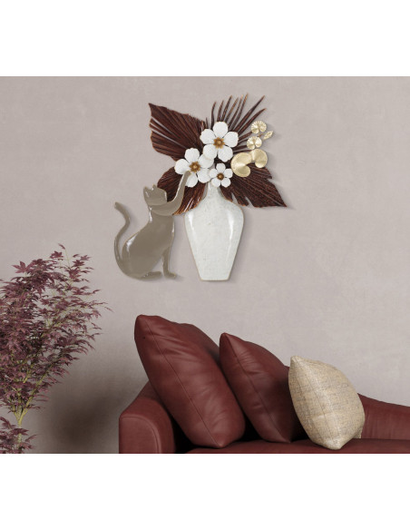 Déco murale originale Chat avec vase 54x59 en Métal Beige Blanc Marron Rylon 