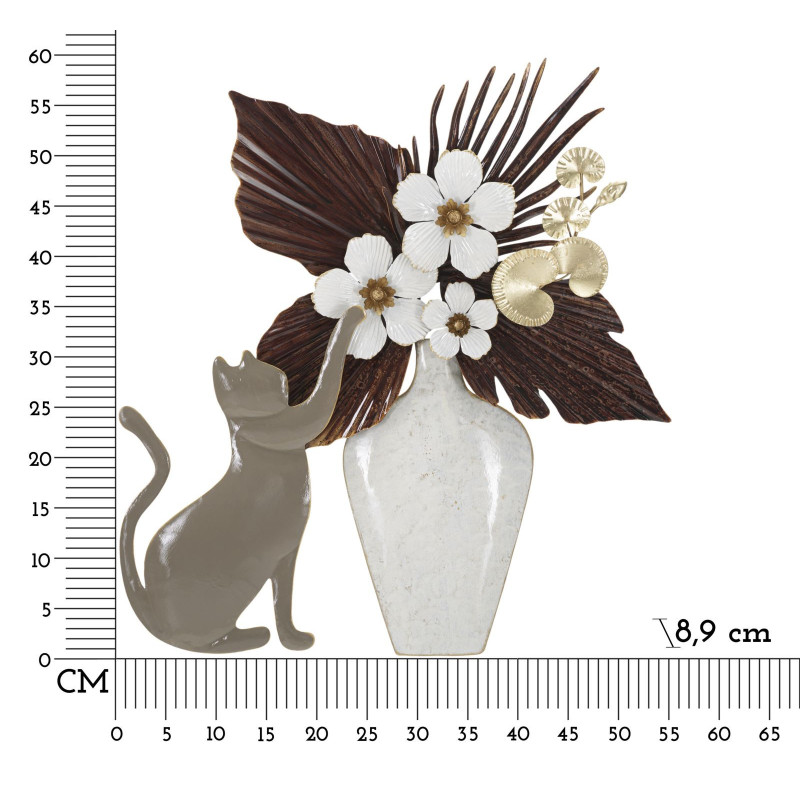 Déco murale originale Chat avec vase 54x59 en Métal Beige Blanc Marron Rylon 
