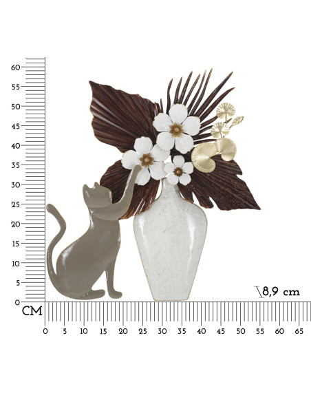 Déco murale originale Chat avec vase 54x59 en Métal Beige Blanc Marron Rylon 