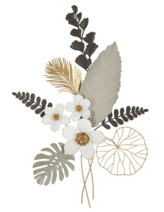 Grande Déco murale moderne Bouquet de fleurs 71x96 en Métal Blanc Gris Doré Eryla 