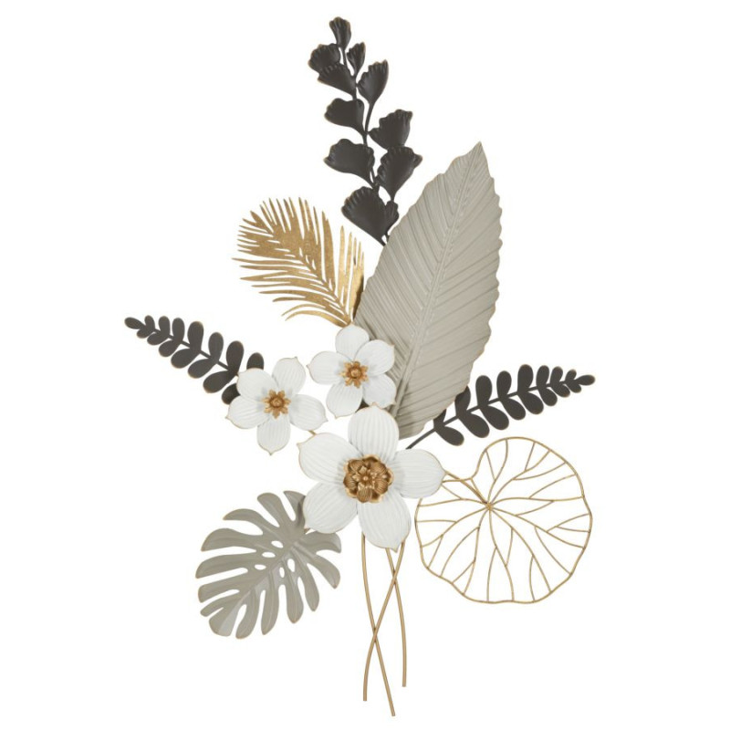 Grande Déco murale moderne Bouquet de fleurs 71x96 en Métal Blanc Gris Doré Eryla 