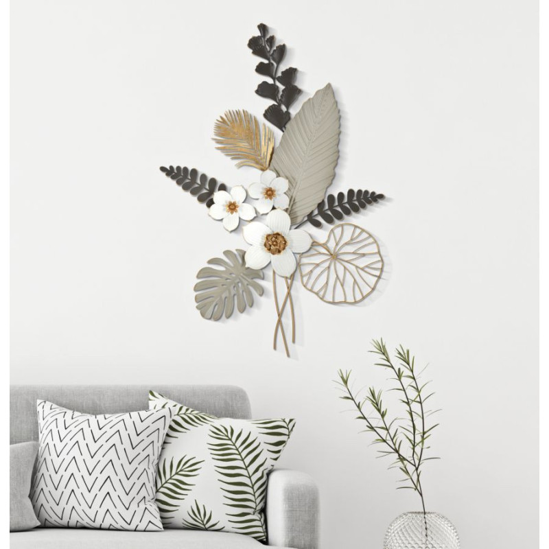 Grande Déco murale moderne Bouquet de fleurs 71x96 en Métal Blanc Gris Doré Eryla 