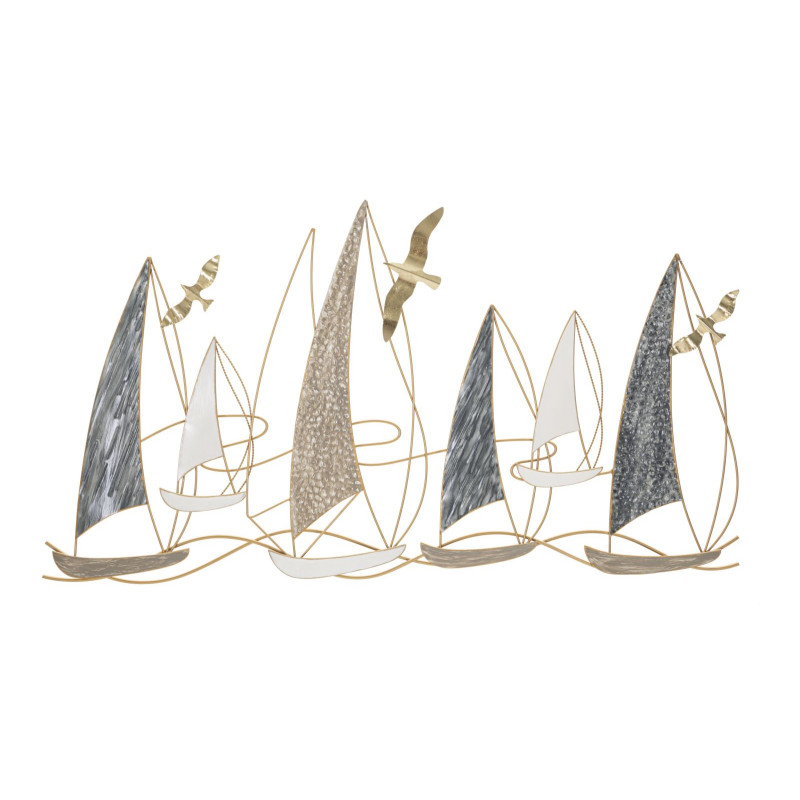 Grande Déco murale Bord de mer Voiliers 123x69 en Métal Doré Bleu Blanc Kilar 