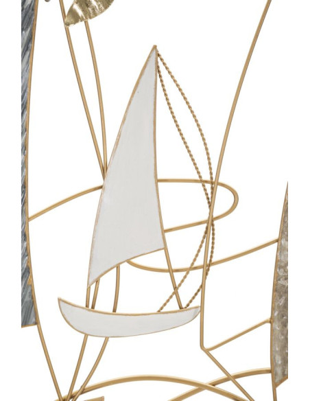 Grande Déco murale Bord de mer Voiliers 123x69 en Métal Doré Bleu Blanc Kilar 