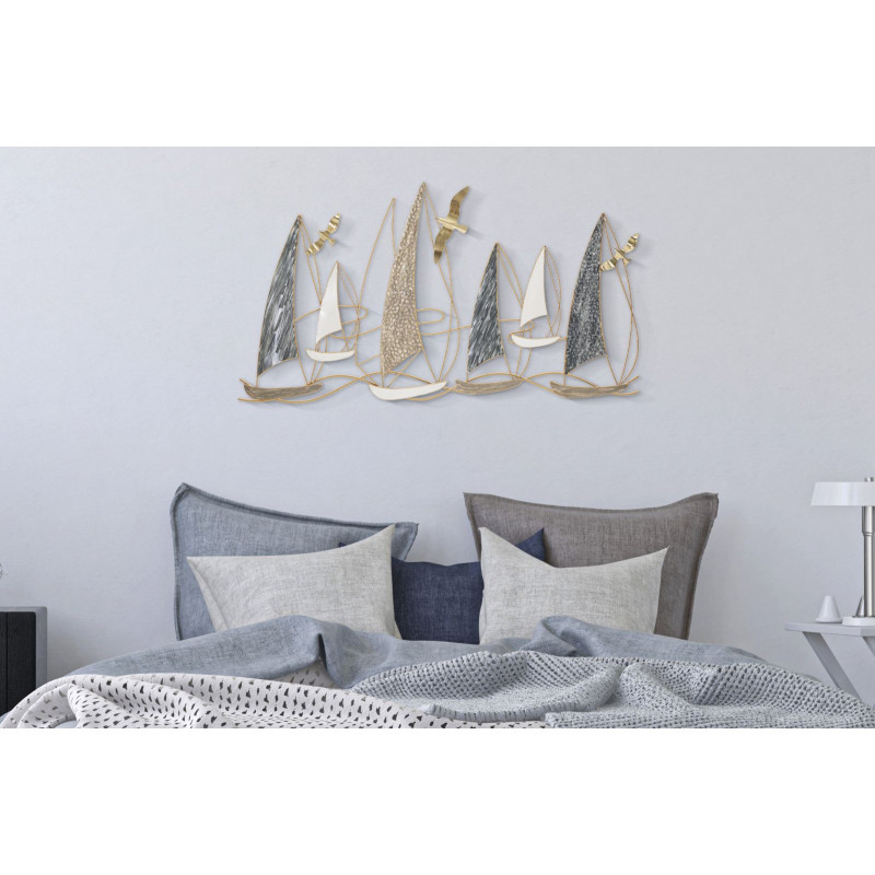 Grande Déco murale Bord de mer Voiliers 123x69 en Métal Doré Bleu Blanc Kilar 