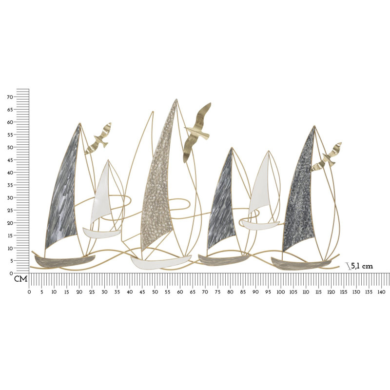 Grande Déco murale Bord de mer Voiliers 123x69 en Métal Doré Bleu Blanc Kilar 