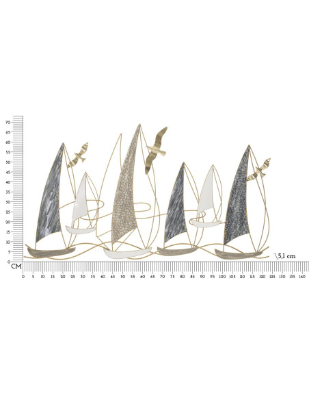 Grande Déco murale Bord de mer Voiliers 123x69 en Métal Doré Bleu Blanc Kilar 